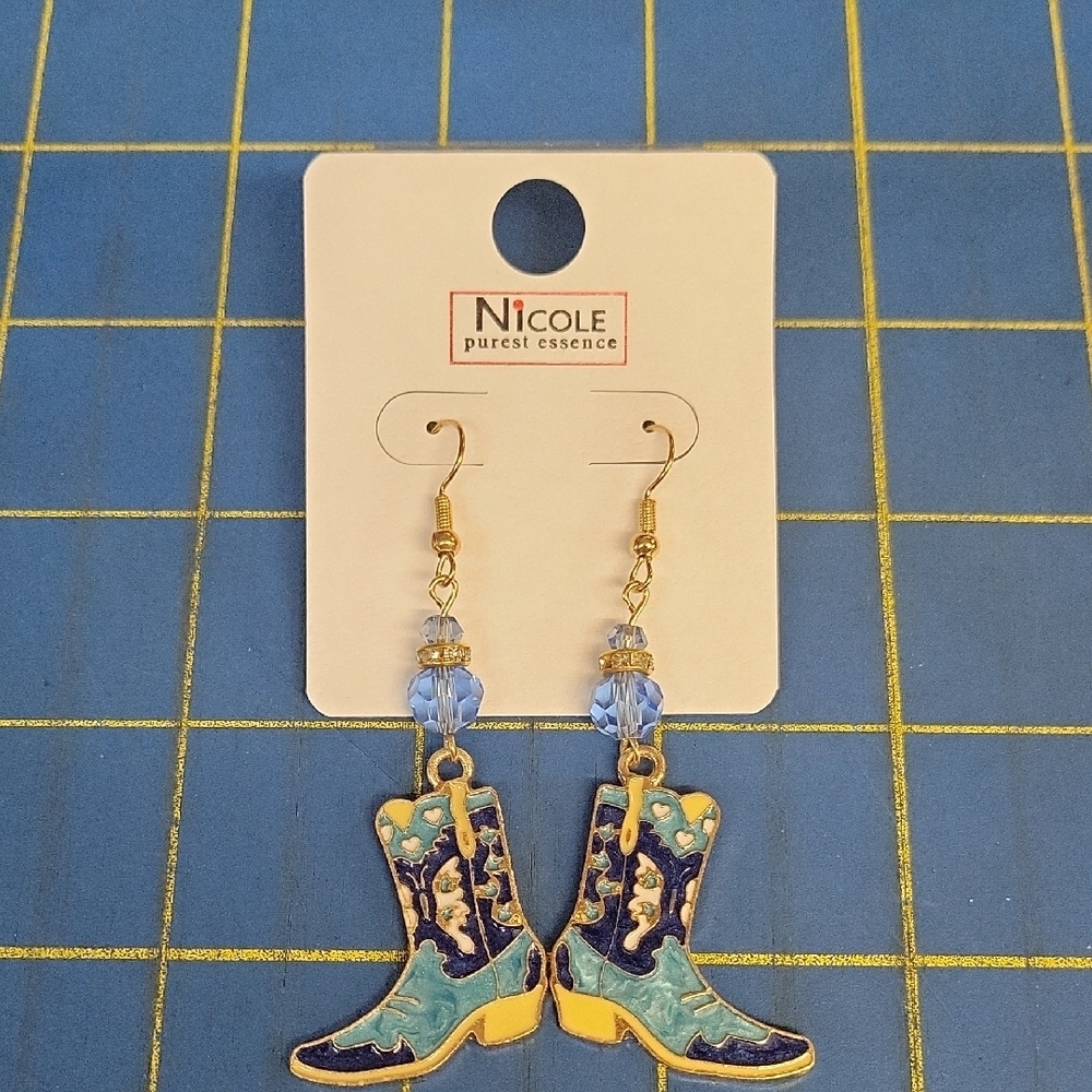 Nicole Blue Turquoise Enamel Cowboy Boot Drop Earrings NWT